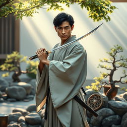 An evocative portrayal of a samurai wielding a small katana, dressed in an elegant yet simplified traditional kimono that flows gently around him