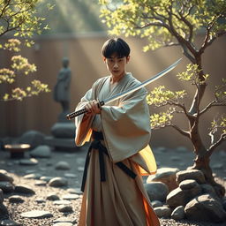 An evocative portrayal of a samurai wielding a small katana, dressed in an elegant yet simplified traditional kimono that flows gently around him