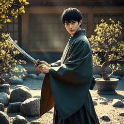 An evocative portrayal of a samurai wielding a small katana, dressed in an elegant yet simplified traditional kimono that flows gently around him