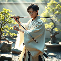 An evocative portrayal of a samurai wielding a small katana, dressed in an elegant yet simplified traditional kimono that flows gently around him