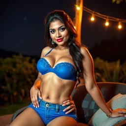 An attractive Indian woman wearing a sexy blue bra, showcasing her ample curves, sitting outside on a cozy seat at night