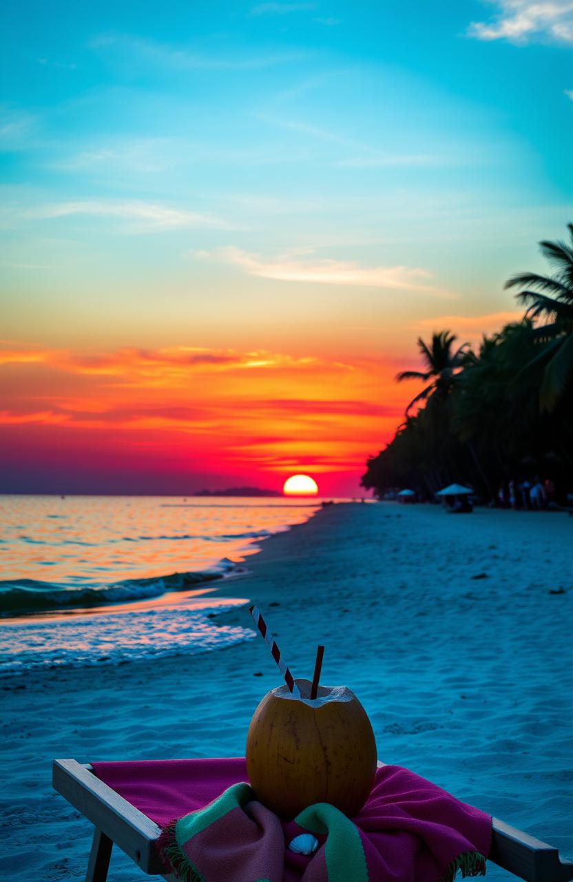 A breathtaking sunset over a tranquil beach, with vibrant orange and pink hues reflecting on the calm water