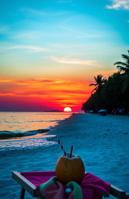 A breathtaking sunset over a tranquil beach, with vibrant orange and pink hues reflecting on the calm water