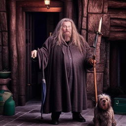 Rubeus Hagrid, an imposing figure with shaggy hair and beard, wearing a large, rugged coat, and holding an umbrella; accompanied by his trusty canine, Fang, against the rustic backdrop of Hagrid's wooden hut in Hogwarts.