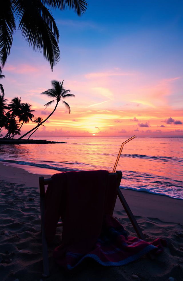 A breathtaking sunset over a tranquil beach, with vibrant orange and pink hues reflecting on the calm water