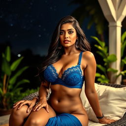 An attractive Indian woman wearing a sexy blue bra, showcasing her ample curves, sitting outside on a cozy seat at night