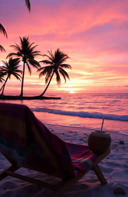 A breathtaking sunset over a tranquil beach, with vibrant orange and pink hues reflecting on the calm water