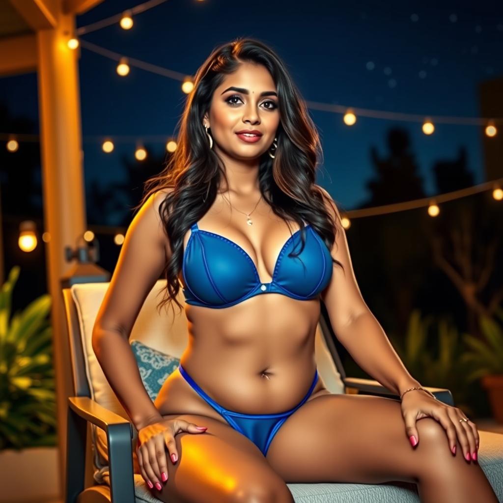 An attractive Indian woman in a sexy blue bra, emphasizing her voluptuous figure, seated outside on a stylish lounge chair at night