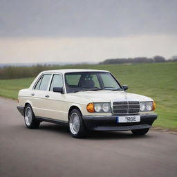 A Singer Vehicle Design restored and reimagined Mercedes Benz 190e, combining vintage aesthetics with modern auto-technology. The car boasts a sleek yet classic design, finished with Singer's distinct style.