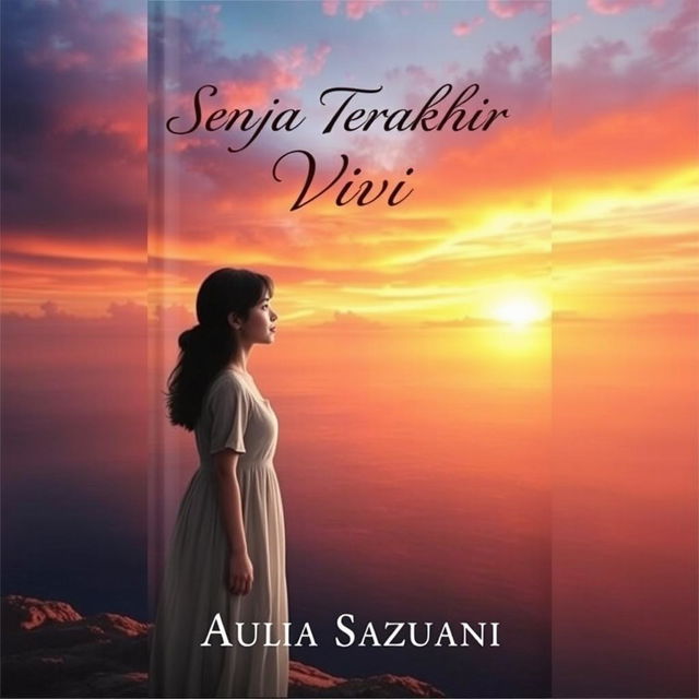 An evocative book cover for a novel titled 'Senja Terakhir Vivi', featuring a young woman standing on a cliff overlooking a vast ocean during a dramatic sunset