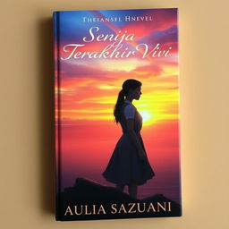 An evocative book cover for a novel titled 'Senja Terakhir Vivi', featuring a young woman standing on a cliff overlooking a vast ocean during a dramatic sunset