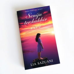 An evocative book cover for a novel titled 'Senja Terakhir Vivi', featuring a young woman standing on a cliff overlooking a vast ocean during a dramatic sunset