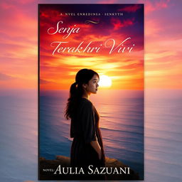 An evocative book cover for a novel titled 'Senja Terakhir Vivi', featuring a young woman standing on a cliff overlooking a vast ocean during a dramatic sunset