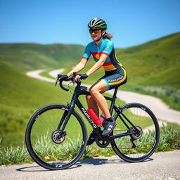 A fierce Kazakh female cyclist riding a modern, sleek kazAuto bicycle, showcasing her athleticism and determination