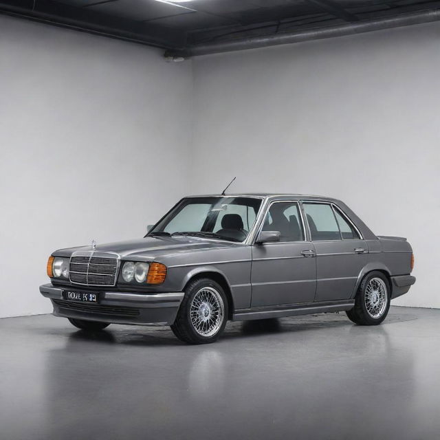 A Singer Vehicle Design restored and reimagined Mercedes Benz 190e, combining vintage aesthetics with modern auto-technology. The car boasts a sleek yet classic design, finished with Singer's distinct style.