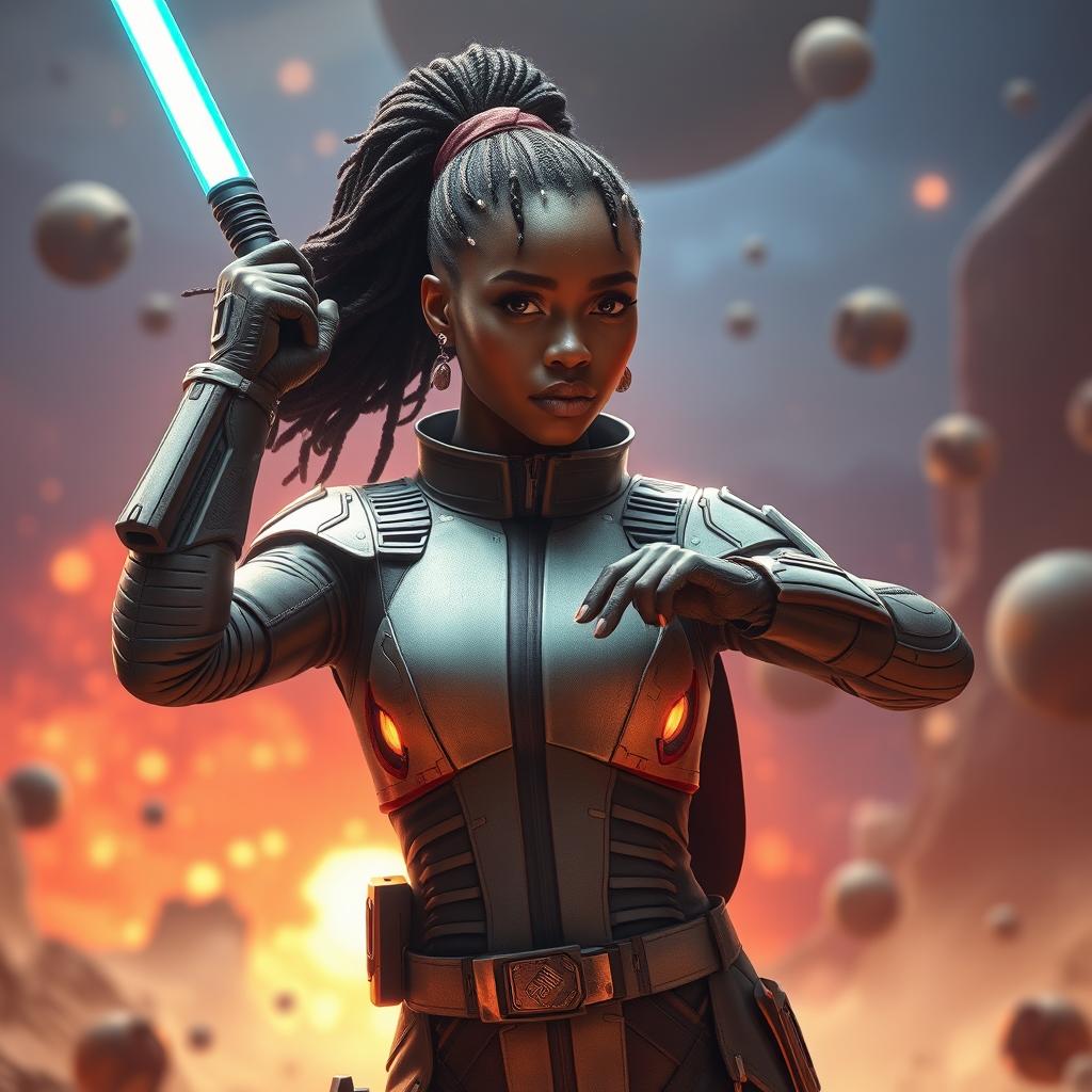 An epic scene featuring an ebony female character inspired by the Star Wars universe, showcasing her in a striking pose amidst a vibrant and dynamic background typical of a galaxy far, far away