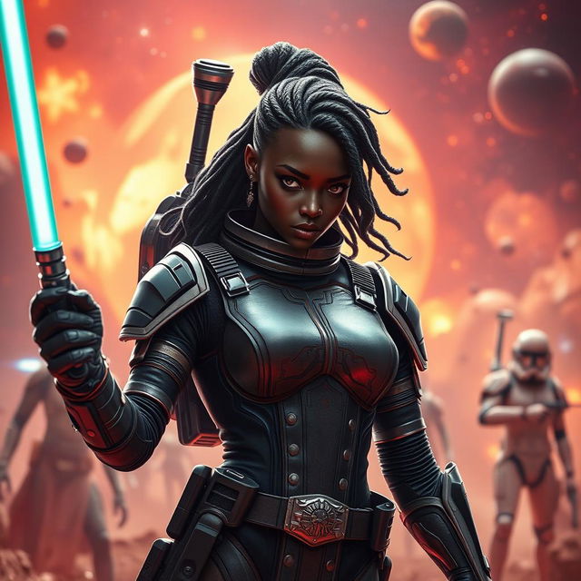 An epic scene featuring an ebony female character inspired by the Star Wars universe, showcasing her in a striking pose amidst a vibrant and dynamic background typical of a galaxy far, far away