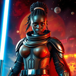 An epic scene featuring an ebony female character inspired by the Star Wars universe, showcasing her in a striking pose amidst a vibrant and dynamic background typical of a galaxy far, far away