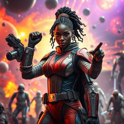 An epic scene featuring an ebony female character inspired by the Star Wars universe, showcasing her in a striking pose amidst a vibrant and dynamic background typical of a galaxy far, far away