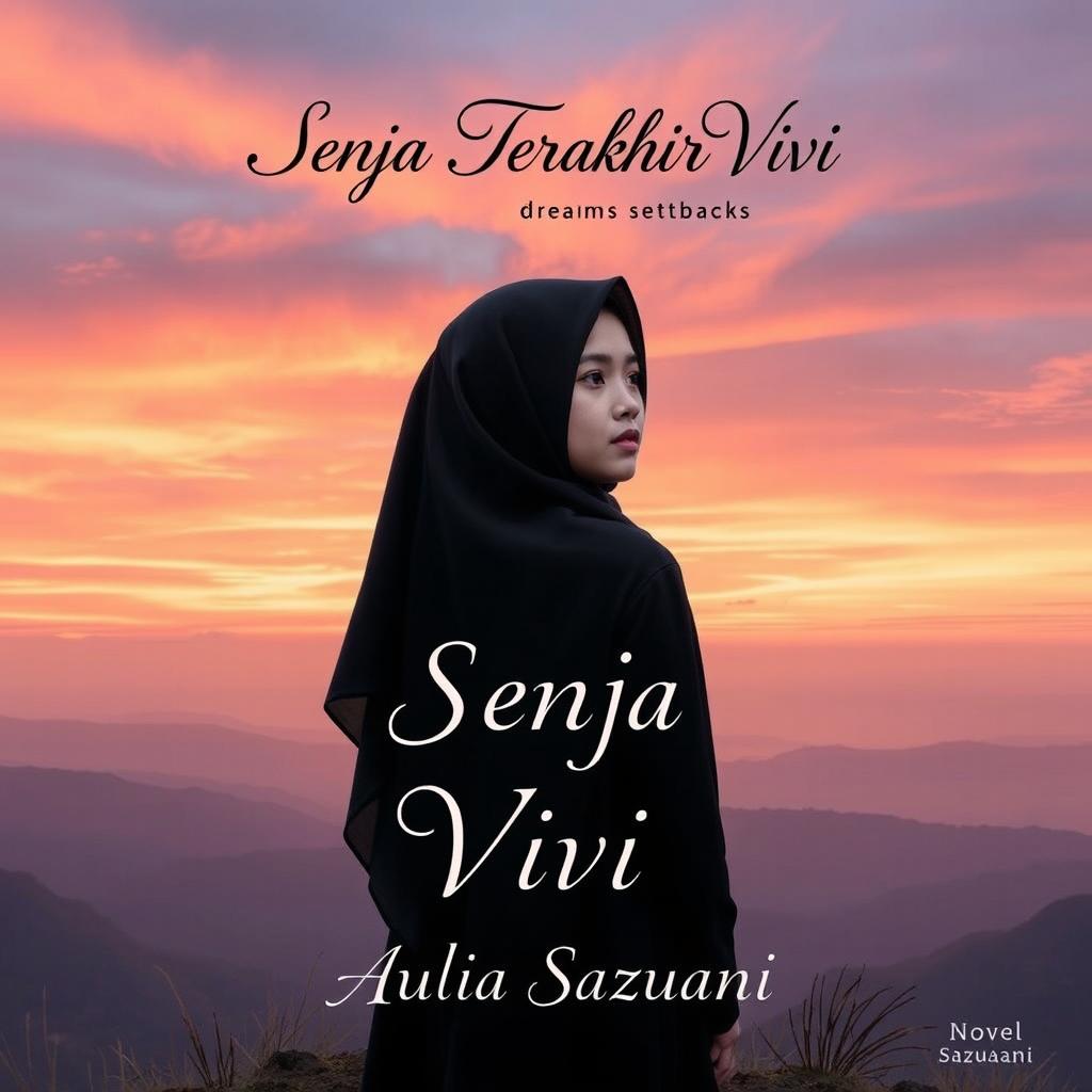 A poignant book cover for a novel titled 'Senja Terakhir Vivi', featuring a young woman wearing a hijab, standing on a hilltop overlooking a sunset-drenched landscape