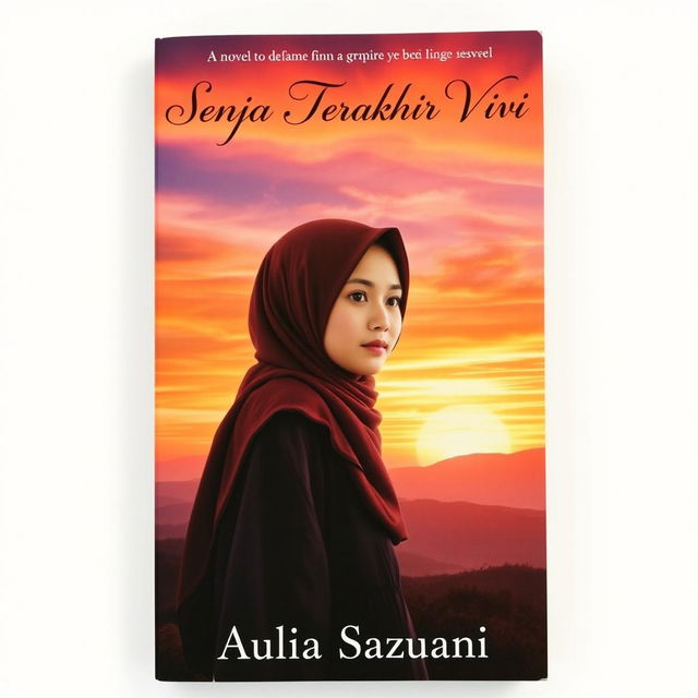 A poignant book cover for a novel titled 'Senja Terakhir Vivi', featuring a young woman wearing a hijab, standing on a hilltop overlooking a sunset-drenched landscape