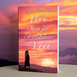 A poignant book cover for a novel titled 'Senja Terakhir Vivi', featuring a young woman wearing a hijab, standing on a hilltop overlooking a sunset-drenched landscape