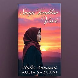 A poignant book cover for a novel titled 'Senja Terakhir Vivi', featuring a young woman wearing a hijab, standing on a hilltop overlooking a sunset-drenched landscape