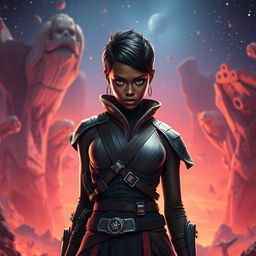 An epic scene featuring an ebony female character with short hair, inspired by the Star Wars universe