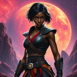 An epic scene featuring an ebony female character with short hair, inspired by the Star Wars universe