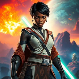 An epic scene featuring an ebony female character with short hair, inspired by the Star Wars universe