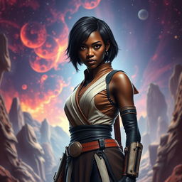 An epic scene featuring an ebony female character with short hair, inspired by the Star Wars universe