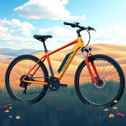 A vibrant digital illustration of a KazAuto bicycle prominently displayed in a picturesque Kazakhstan landscape