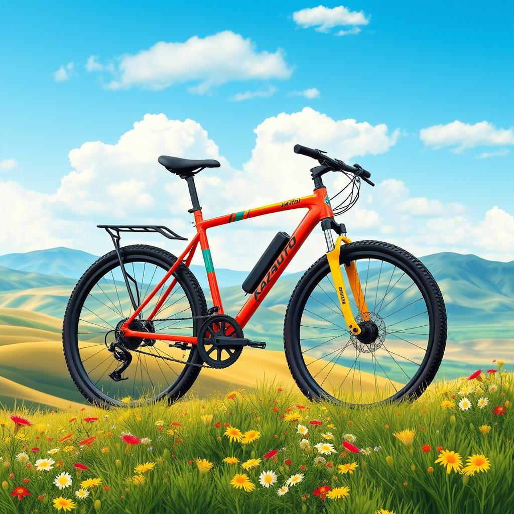 A vibrant digital illustration of a KazAuto bicycle prominently displayed in a picturesque Kazakhstan landscape