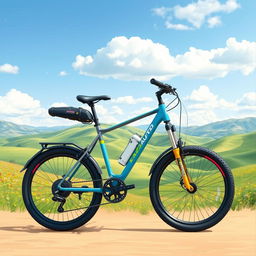 A vibrant digital illustration of a KazAuto bicycle prominently displayed in a picturesque Kazakhstan landscape