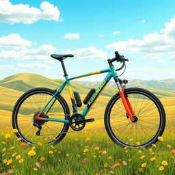 A vibrant digital illustration of a KazAuto bicycle prominently displayed in a picturesque Kazakhstan landscape