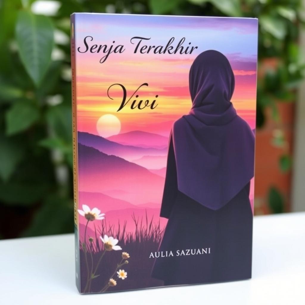 A heartfelt book cover for the novel titled 'Senja Terakhir Vivi', featuring a silhouette of a young woman wearing a hijab, standing on a hillside overlooking a breathtaking sunset