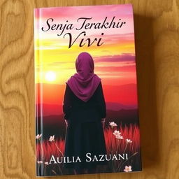 A heartfelt book cover for the novel titled 'Senja Terakhir Vivi', featuring a silhouette of a young woman wearing a hijab, standing on a hillside overlooking a breathtaking sunset