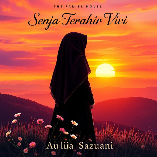 A heartfelt book cover for the novel titled 'Senja Terakhir Vivi', featuring a silhouette of a young woman wearing a hijab, standing on a hillside overlooking a breathtaking sunset