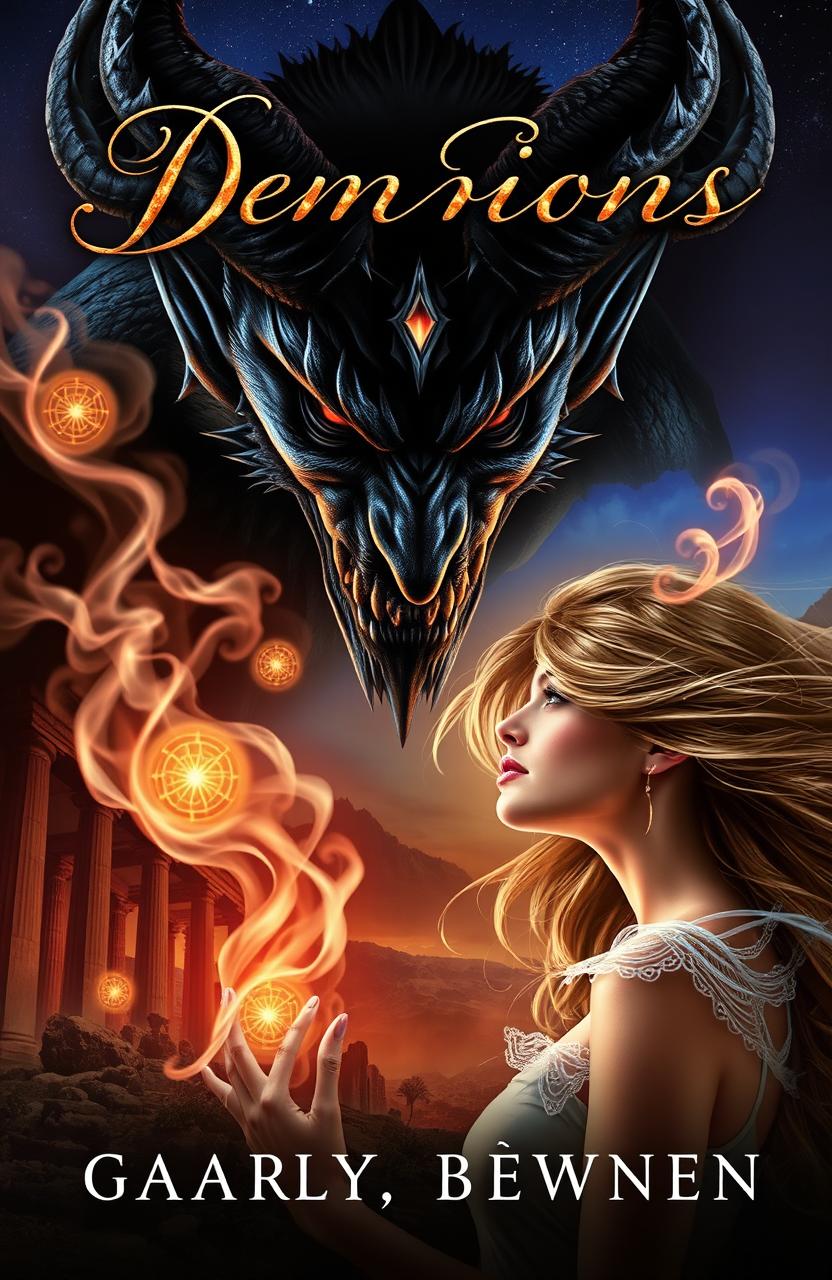 A captivating fantasy book cover featuring a dark, brooding demon with striking features, surrounded by ethereal smoke and glowing symbols, gazing intensely at a beautiful woman with flowing hair and enchanting eyes