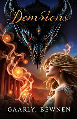 A captivating fantasy book cover featuring a dark, brooding demon with striking features, surrounded by ethereal smoke and glowing symbols, gazing intensely at a beautiful woman with flowing hair and enchanting eyes