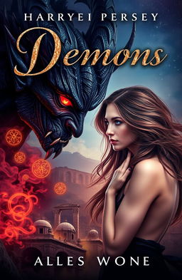 A captivating fantasy book cover featuring a dark, brooding demon with striking features, surrounded by ethereal smoke and glowing symbols, gazing intensely at a beautiful woman with flowing hair and enchanting eyes