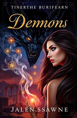 A captivating fantasy book cover featuring a dark, brooding demon with striking features, surrounded by ethereal smoke and glowing symbols, gazing intensely at a beautiful woman with flowing hair and enchanting eyes