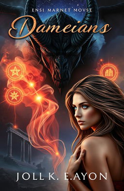 A captivating fantasy book cover featuring a dark, brooding demon with striking features, surrounded by ethereal smoke and glowing symbols, gazing intensely at a beautiful woman with flowing hair and enchanting eyes