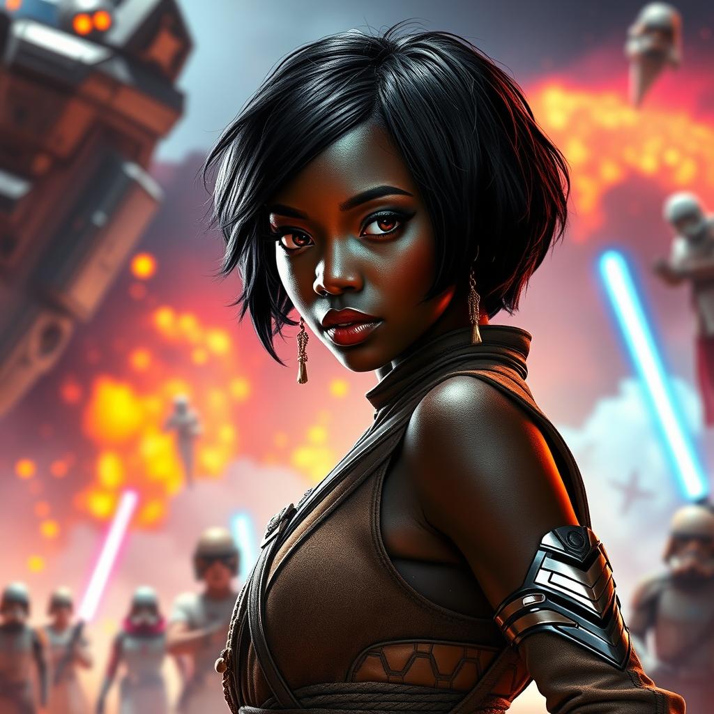 An epic scene featuring an extremely beautiful ebony female character with short hair, inspired by the Star Wars universe