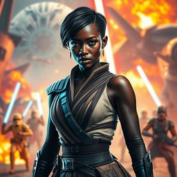 An epic scene featuring an extremely beautiful ebony female character with short hair, inspired by the Star Wars universe