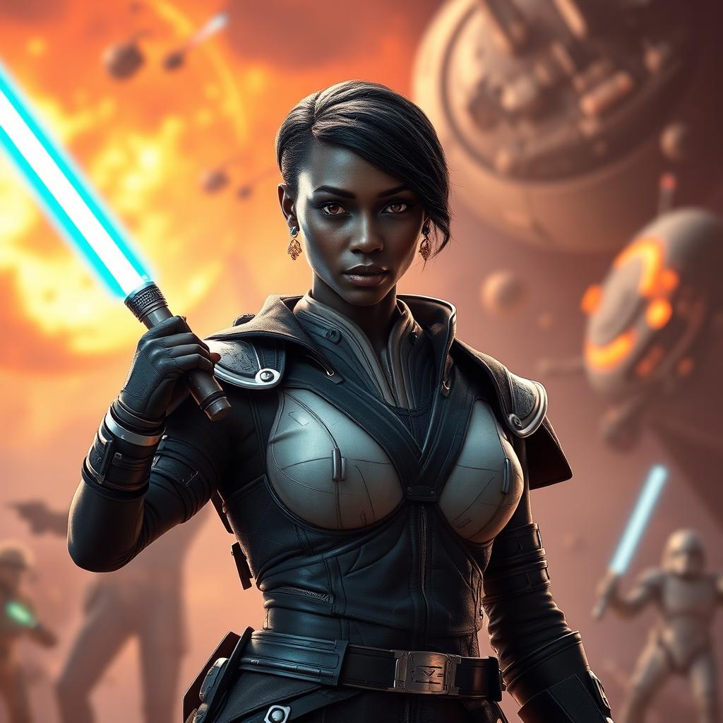 An epic scene featuring an extremely beautiful ebony female character with short hair, inspired by the Star Wars universe