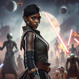 An epic scene featuring an extremely beautiful ebony female character with short hair, inspired by the Star Wars universe