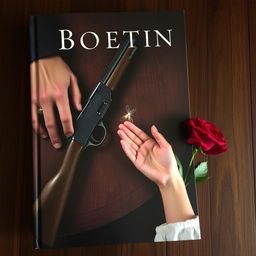 A dark book cover featuring a vintage wooden table with a gun resting on it, held by a masculine hand