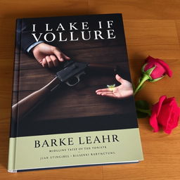 A dark book cover featuring a vintage wooden table with a gun resting on it, held by a masculine hand