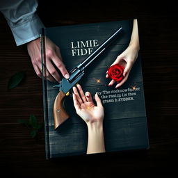 A dark book cover featuring a vintage wooden table with a gun resting on it, held by a masculine hand